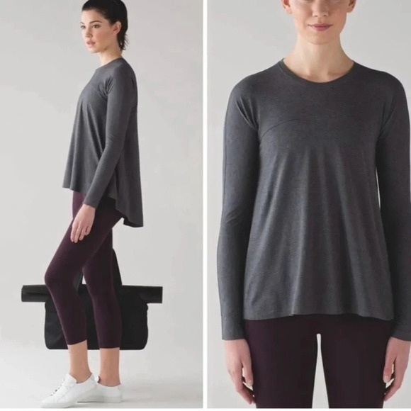 LULULEMON ACADIA LONG SLEEVE HEATHERED PITCH GREY PIMA COTTON HIGH LOW HEM SZ M - Picture 1 of 7
